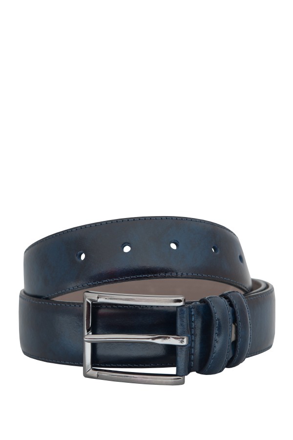 Blue Topstitched Leather Belt (S192008)