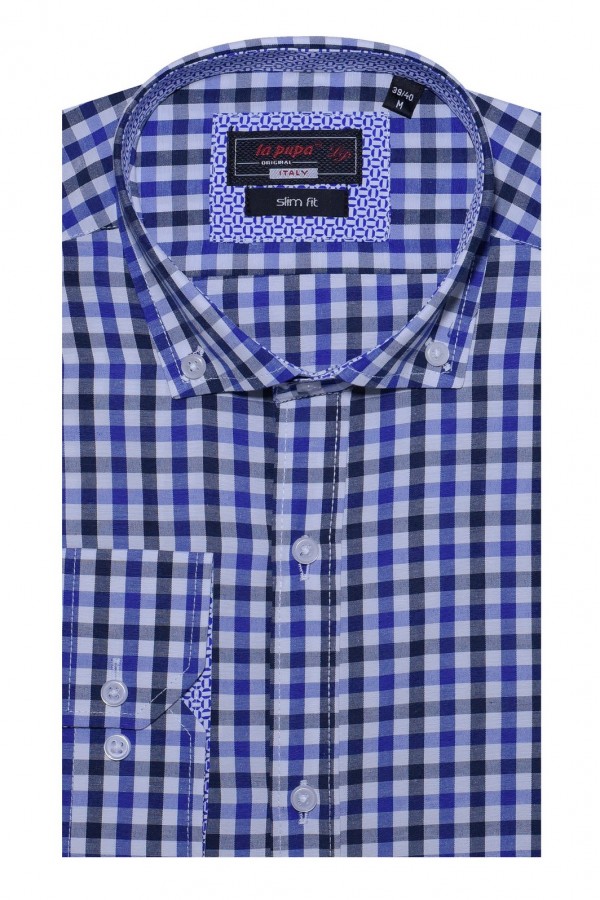 Blue Checked Shirt with Printed Collar Slim Fit (S197069)