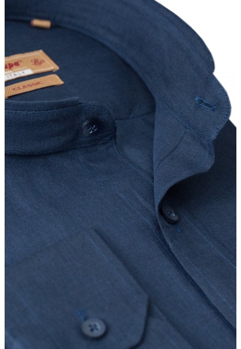 Dark Blue 100% Linen Shirt with Stand-up Collar (S21731)