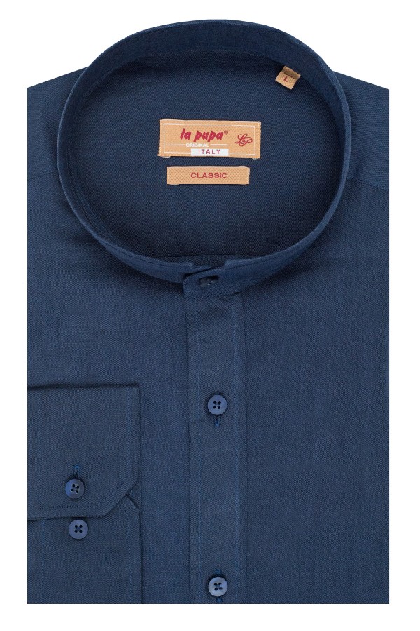 Dark Blue 100% Linen Shirt with Stand-up Collar (S21731)