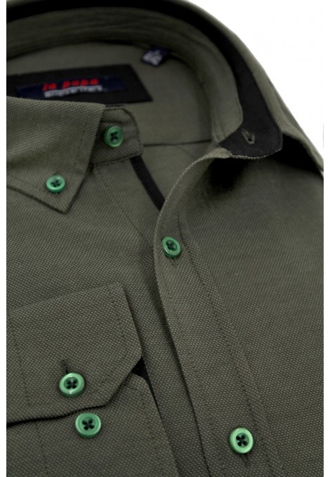 Man's olive green shirt with textured weave and pocket