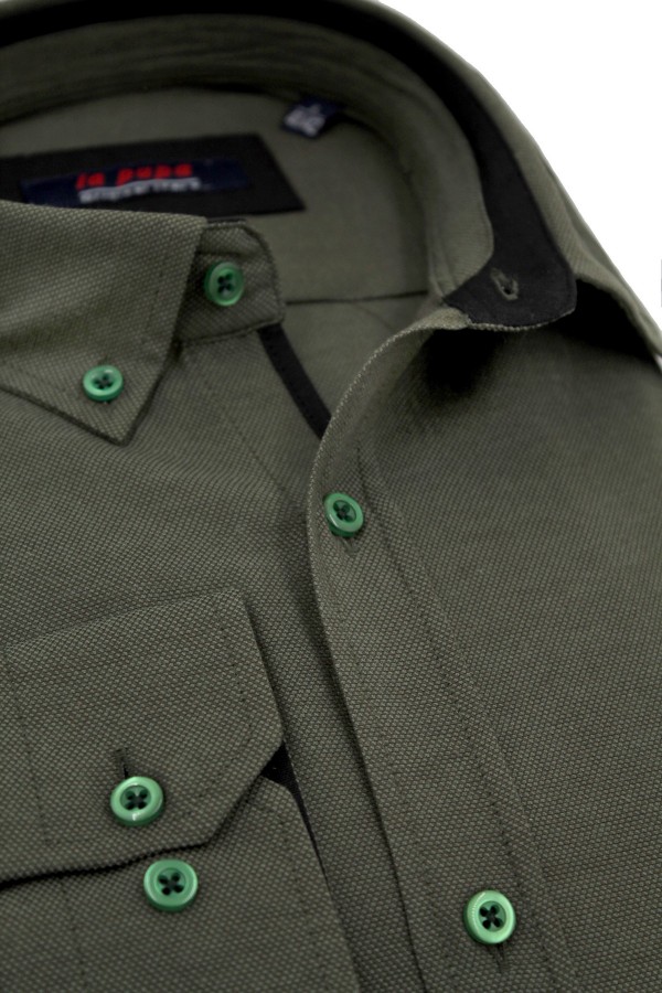 Man's olive green shirt with textured weave and pocket