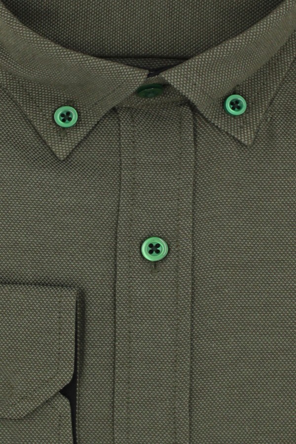 Man's olive green shirt with textured weave and pocket