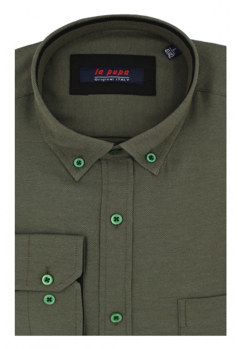 Man's olive green shirt with textured weave and pocket