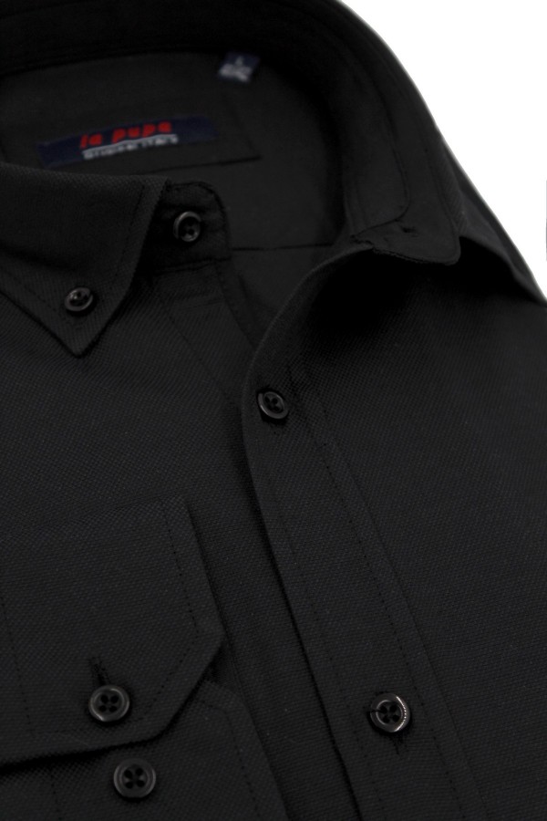 Man's black shirt with textured weave and pocket