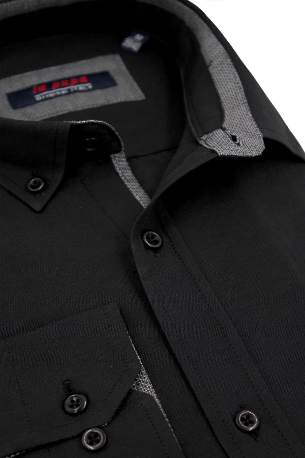Man's black shirt with textured weave and pocket       