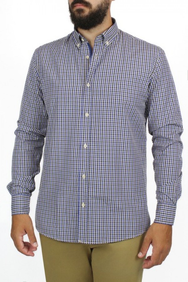 Ανδρικό μπλε πουκάμισο καρό slim fit