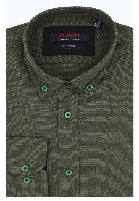 Ανδρικό λαδί πουκάμισο με σχέδιο ύφανσης slim fit    