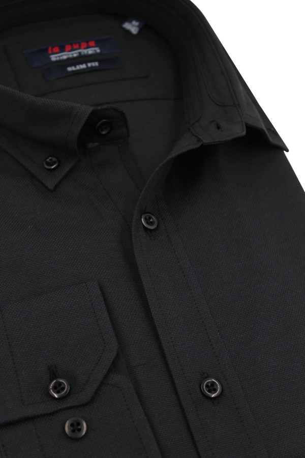 Ανδρικό μαύρο πουκάμισο με σχέδιο ύφανσης slim fit    