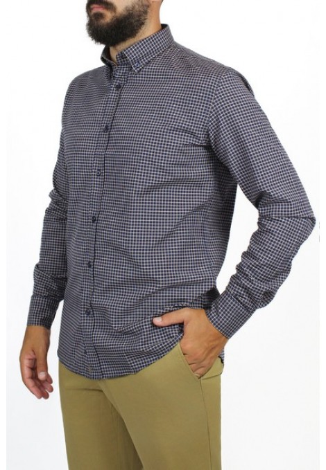 Ανδρικό σκούρο μπλε πουκάμισο καρό slim fit 
