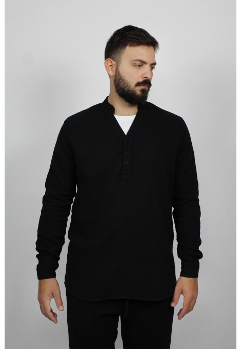 Μαύρο Ανδρικό μαο half button πουκάμισο 