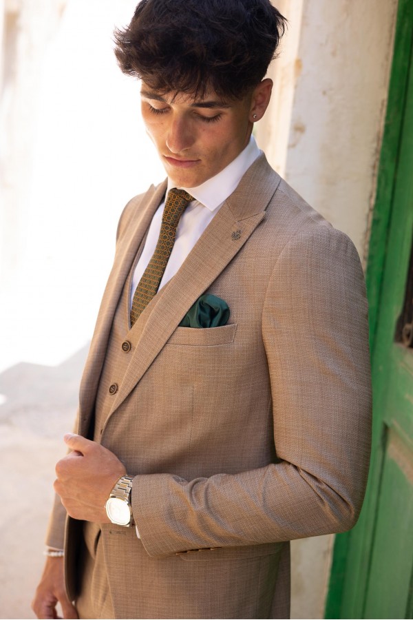  Ανδρικό κάμελ κοστούμι mixed wool