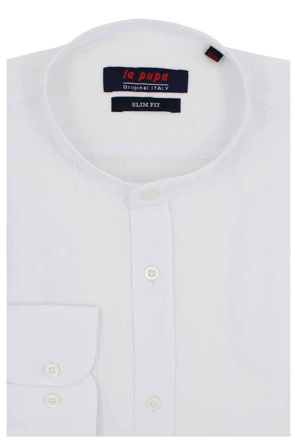 Ανδρικό λευκό λινό πουκάμισο μάο slim fit 