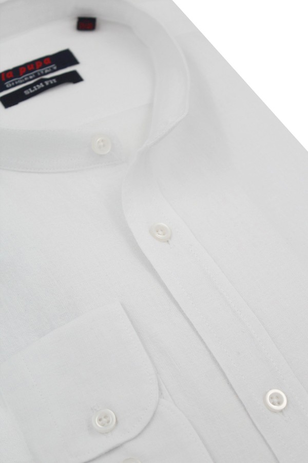 Ανδρικό λευκό λινό πουκάμισο μάο slim fit 