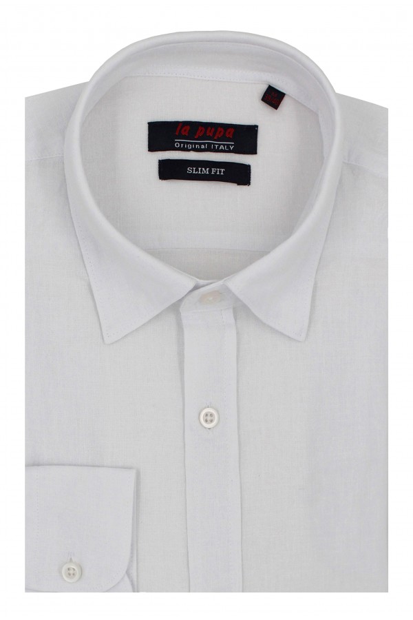  Ανδρικό λευκό  λινό πουκάμισο slim fit