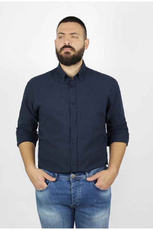 Ανδρικό σκούρο μπλε λινό πουκάμισο slim fit