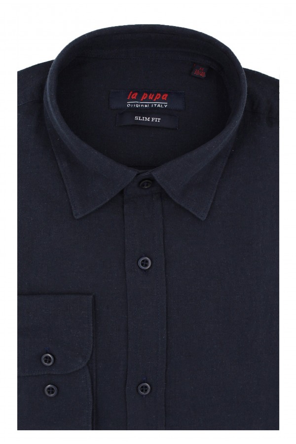 Ανδρικό σκούρο μπλε λινό πουκάμισο slim fit