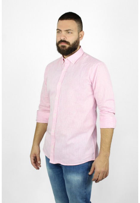 Ανδρικό ροζ  λινό πουκάμισο μάο slim fit