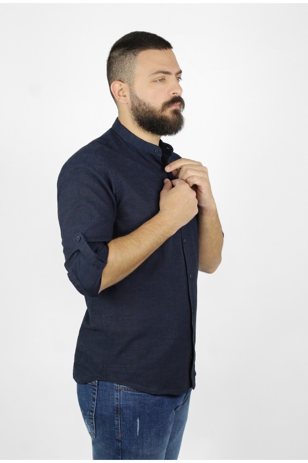  Ανδρικό σκούρο μπλε λινό πουκάμισο slim fit