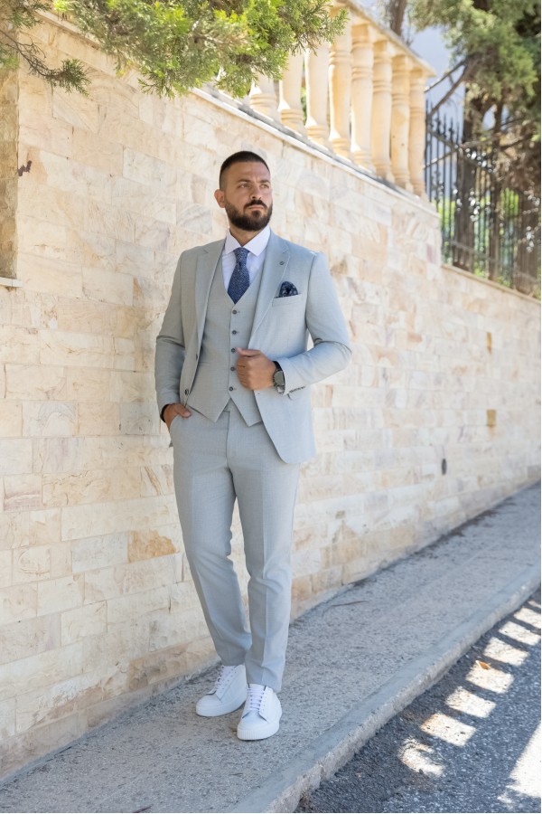 Men's Light Grey Suit Lightweight Mixed Wool