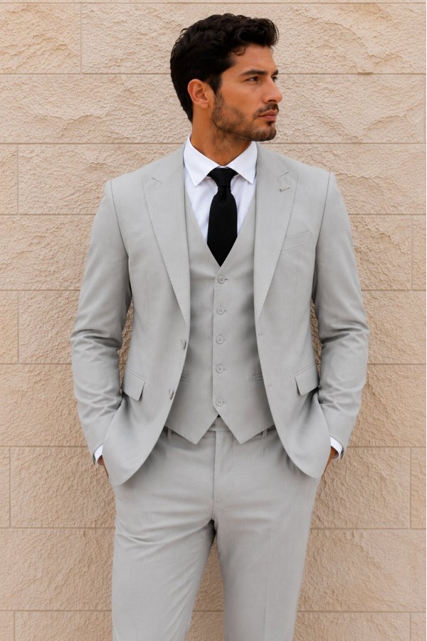 Men's Light Grey Suit Lightweight Mixed Wool