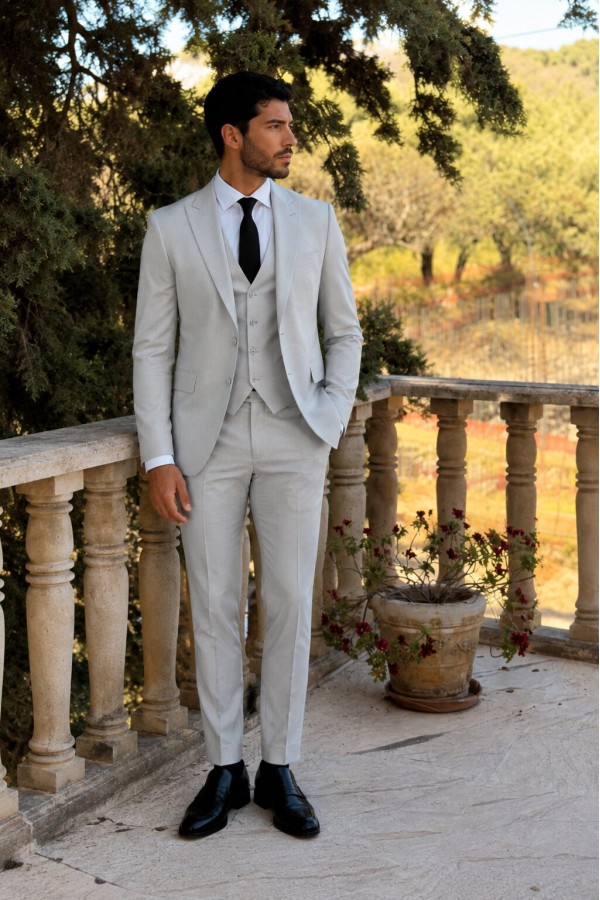 Men's Light Grey Suit Lightweight Mixed Wool