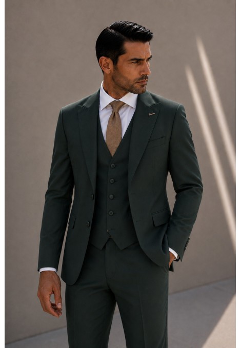 Men's Dark Green Suit Mixed Wool