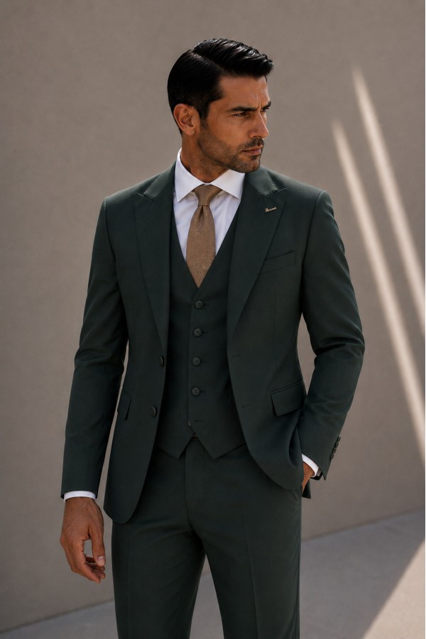 Men's Dark Green Suit Mixed Wool
