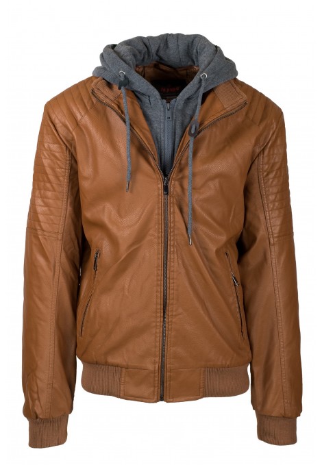 Camel Faux Leather Jacket with Removable Hood (W202015)