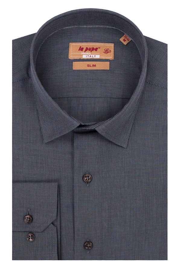 Ανδρικό γκρί πουκάμισο με σχέδιο ύφανσης slim fit Ανδρικό γκρί πουκάμισο με σχέδιο ύφανσης slim fit