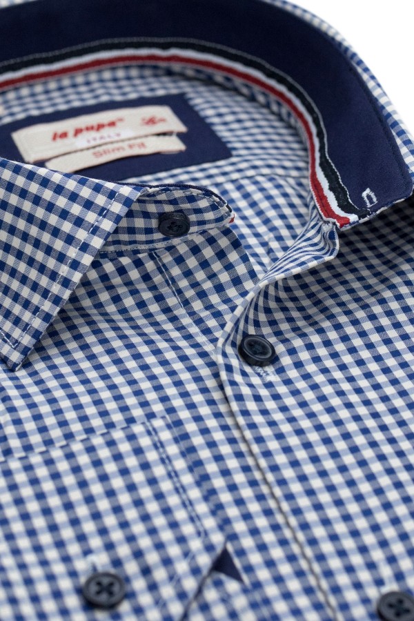 Ανδρικό μπλε πουκάμισο καρό slim fit 