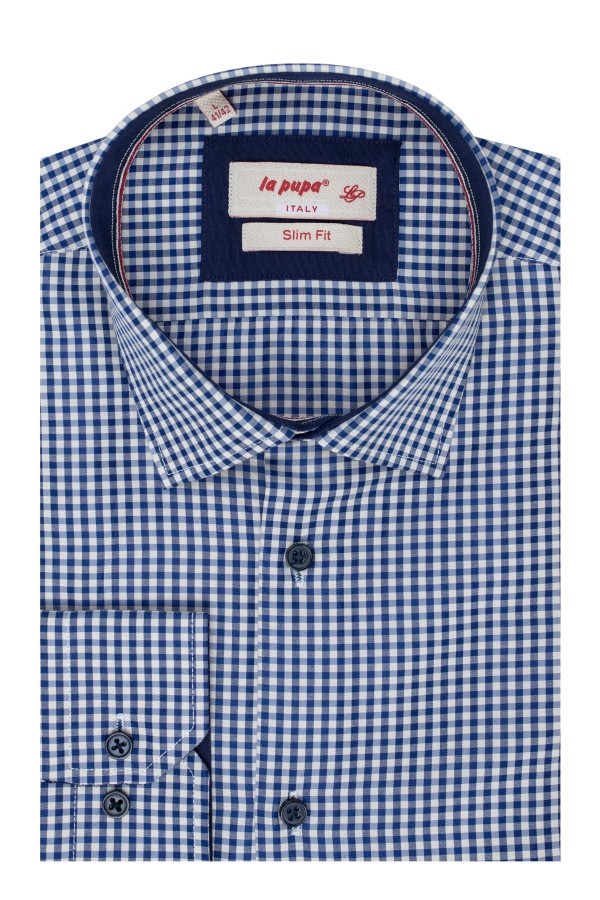 Ανδρικό μπλε πουκάμισο καρό slim fit Ανδρικό μπλε πουκάμισο καρό slim fit