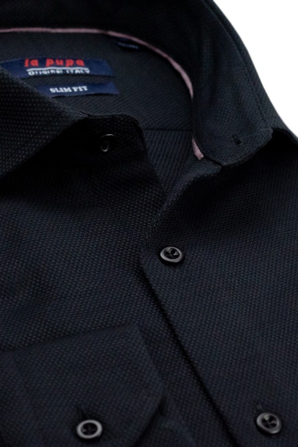 Ανδρικό μαύρο πουκάμισο με σχέδιο ύφανσης slim fit