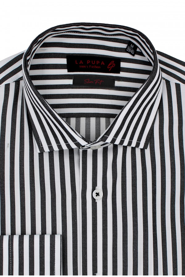 Ανδρικό μαύρο πουκάμισο ριγέ slim fit