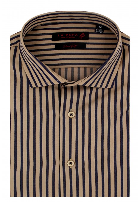Ανδρικό κάμελ πουκάμισο ριγέ slim fit