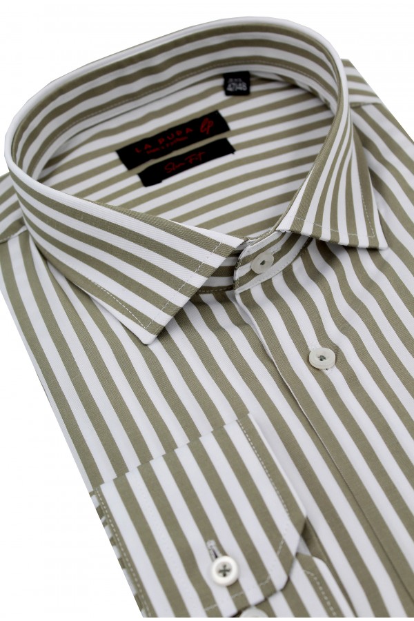 Ανδρικό λαδί πουκάμισο ριγέ slim fit