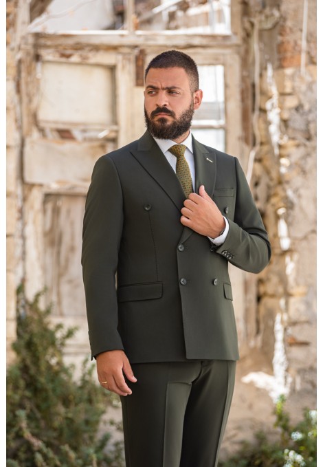 Man's dark green double-breasted suit