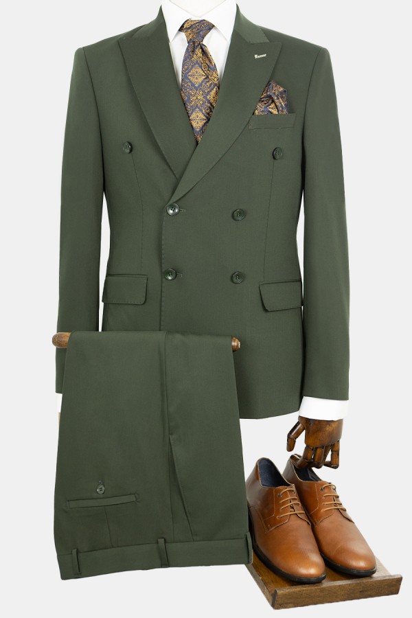 Man's dark green double-breasted suit