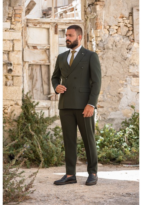 Man's dark green double-breasted suit