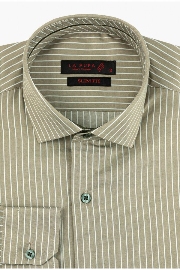 Men's Khaki Striped Shirt Slim Fit
