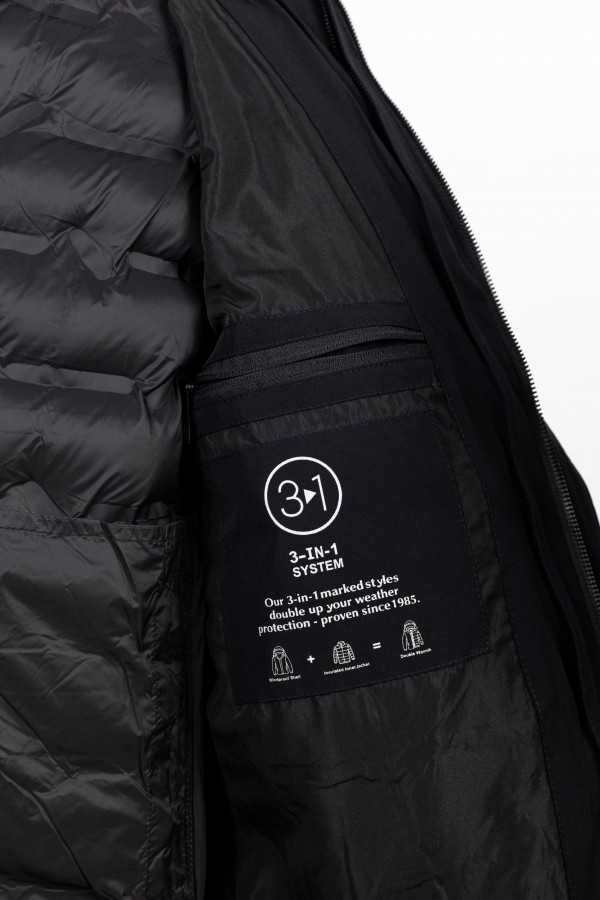 Men's 2 in 1 Waterproof Black Jacket with Removable Hood.