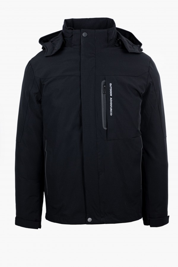 Men's 2 in 1 Waterproof Black Jacket with Removable Hood.