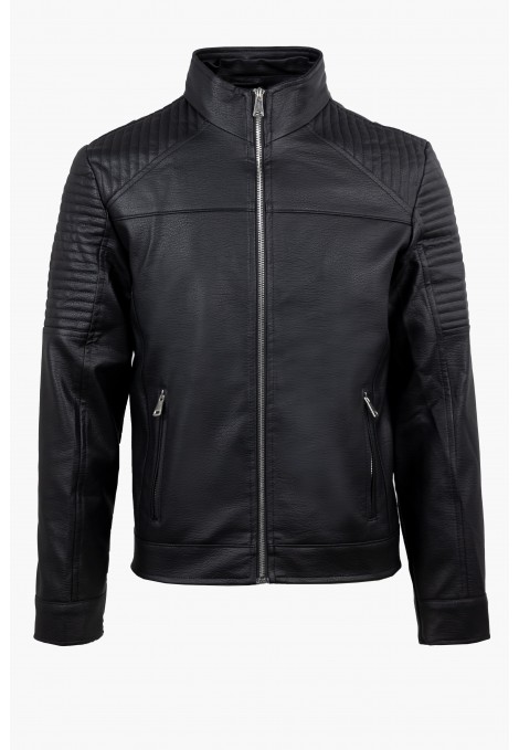 Ανδρικό Μαύρο Μπουφάν από Οικολογικό Δέρμα με αποσπώμενη Κουκούλα