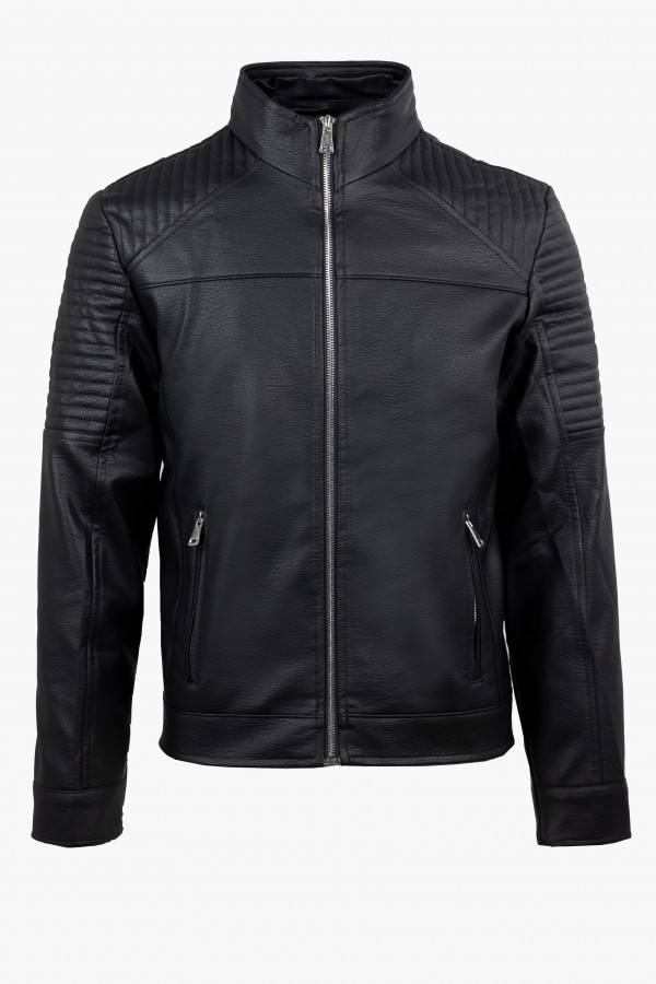 Ανδρικό Μαύρο Μπουφάν από Οικολογικό Δέρμα με αποσπώμενη Κουκούλα