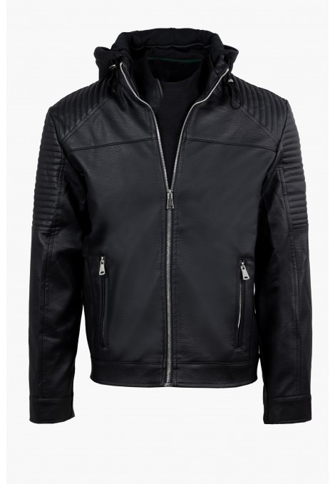Ανδρικό Μαύρο Μπουφάν από Οικολογικό Δέρμα με αποσπώμενη Κουκούλα