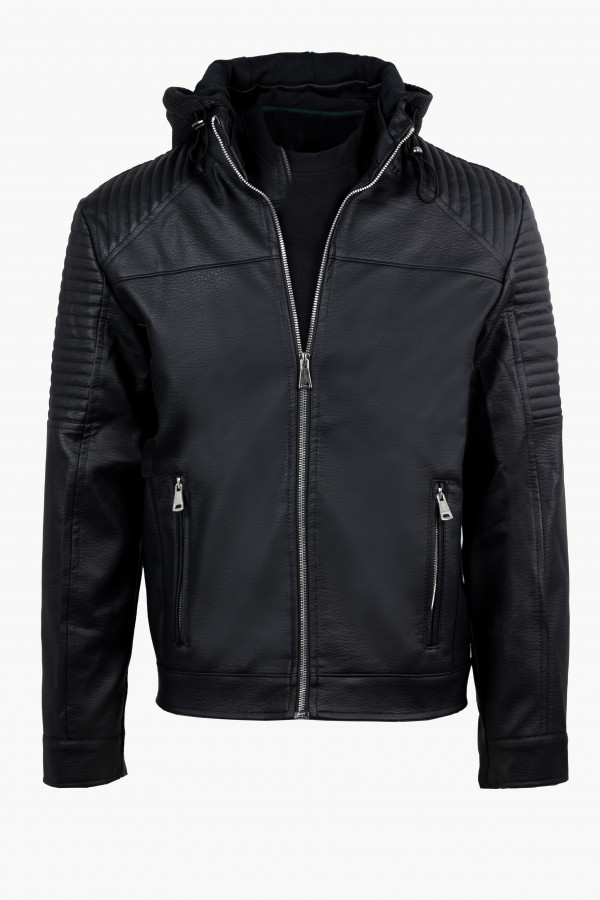 Ανδρικό Μαύρο Μπουφάν από Οικολογικό Δέρμα με αποσπώμενη Κουκούλα