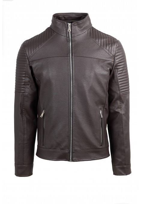 Ανδρικό Σκούρο Καφέ Μπουφάν από Οικολογικό Δέρμα με αποσπώμενη Κουκούλα