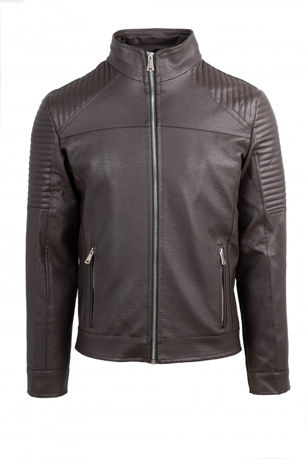 Ανδρικό Σκούρο Καφέ Μπουφάν από Οικολογικό Δέρμα με αποσπώμενη Κουκούλα