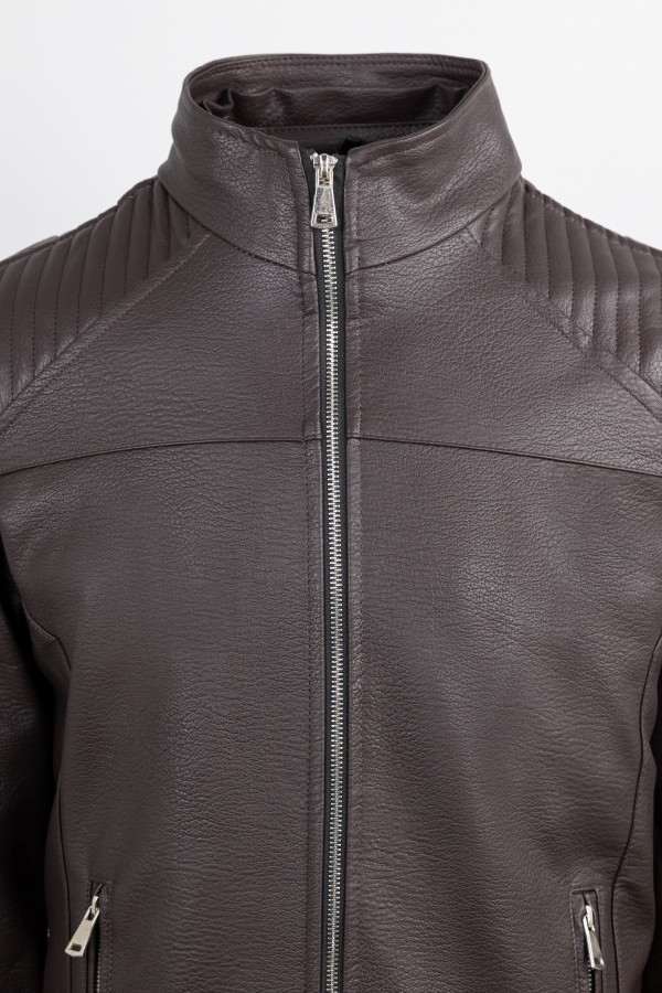 Ανδρικό Σκούρο Καφέ Μπουφάν από Οικολογικό Δέρμα με αποσπώμενη Κουκούλα