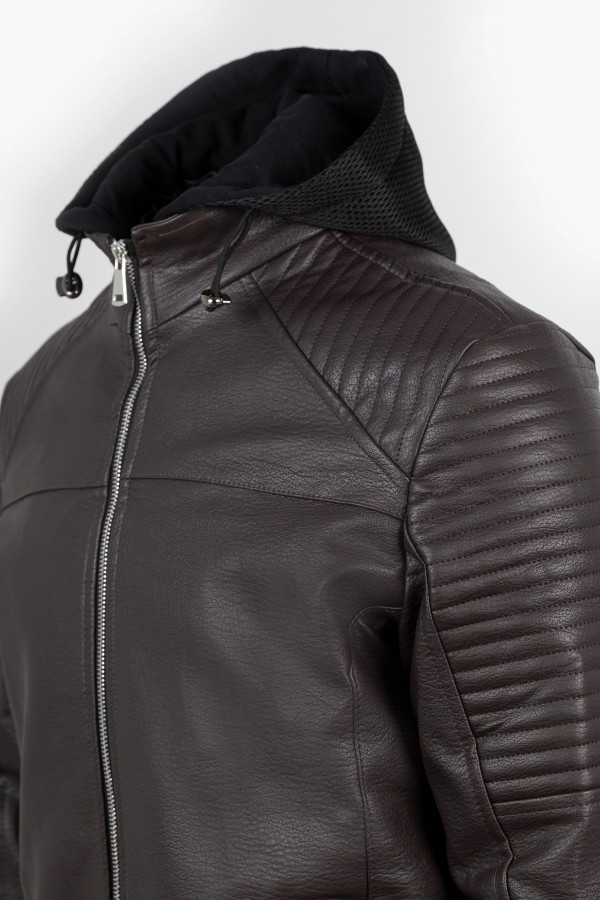 Men's Dark Brown Eco-Leather Jacket with detachable Hood